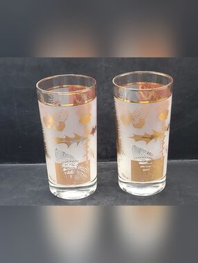 Vintage Set Of 2 Fred Press Butterfly & Thistle Highball Glasses 12oz Tumblers